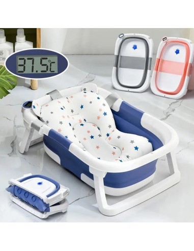 Baignoire pliable pour bébé avec coussin antidérapant et thermomètre intégré. des créatures d'habitude