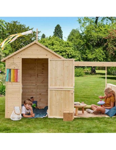 Cabane en bois, maisonnette pour enfants 2-en-1 avec pergola brillant des détails fins