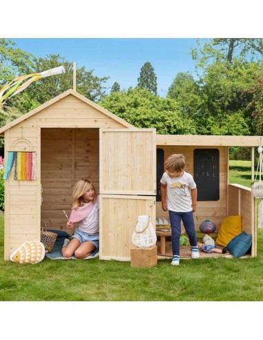 Cabane en bois, maisonnette pour enfants 2-en-1 avec préau et tableaux noirs en ligne