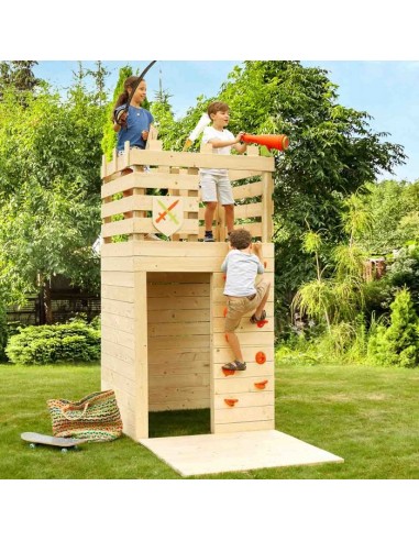 Aire de jeux écoresponsable en bois 3-en-1 - cabane, mur d'escalade, poste d'observation Découvrez la collection